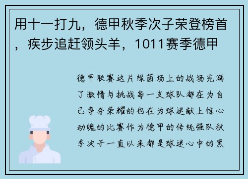 用十一打九，德甲秋季次子荣登榜首，疾步追赶领头羊，1011赛季德甲