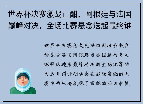 世界杯决赛激战正酣，阿根廷与法国巅峰对决，全场比赛悬念迭起最终谁能捧杯